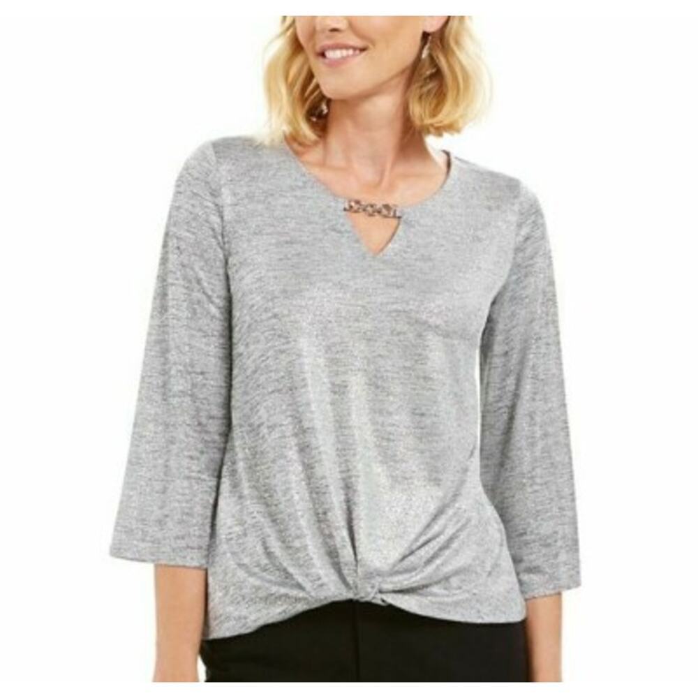 JM Collection Womens Blouse Gray Heathered Long Sleeve Keyhole Neck Chain XL EUC